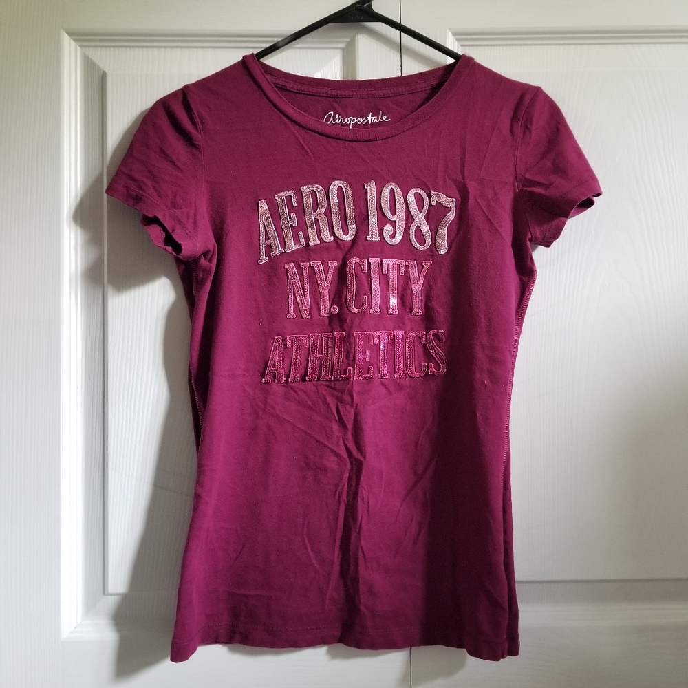 Y2K Aeropostale Women's T-Shirt Small Purple Graphic Sequin Logo Fitted Contrast